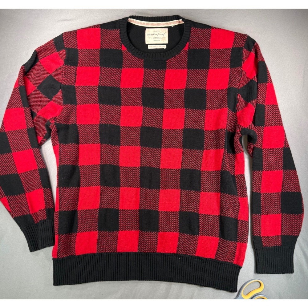Weatherproof Vintage Mens Buffalo Plaid Crewneck Sweater Red Black Cotton XL
